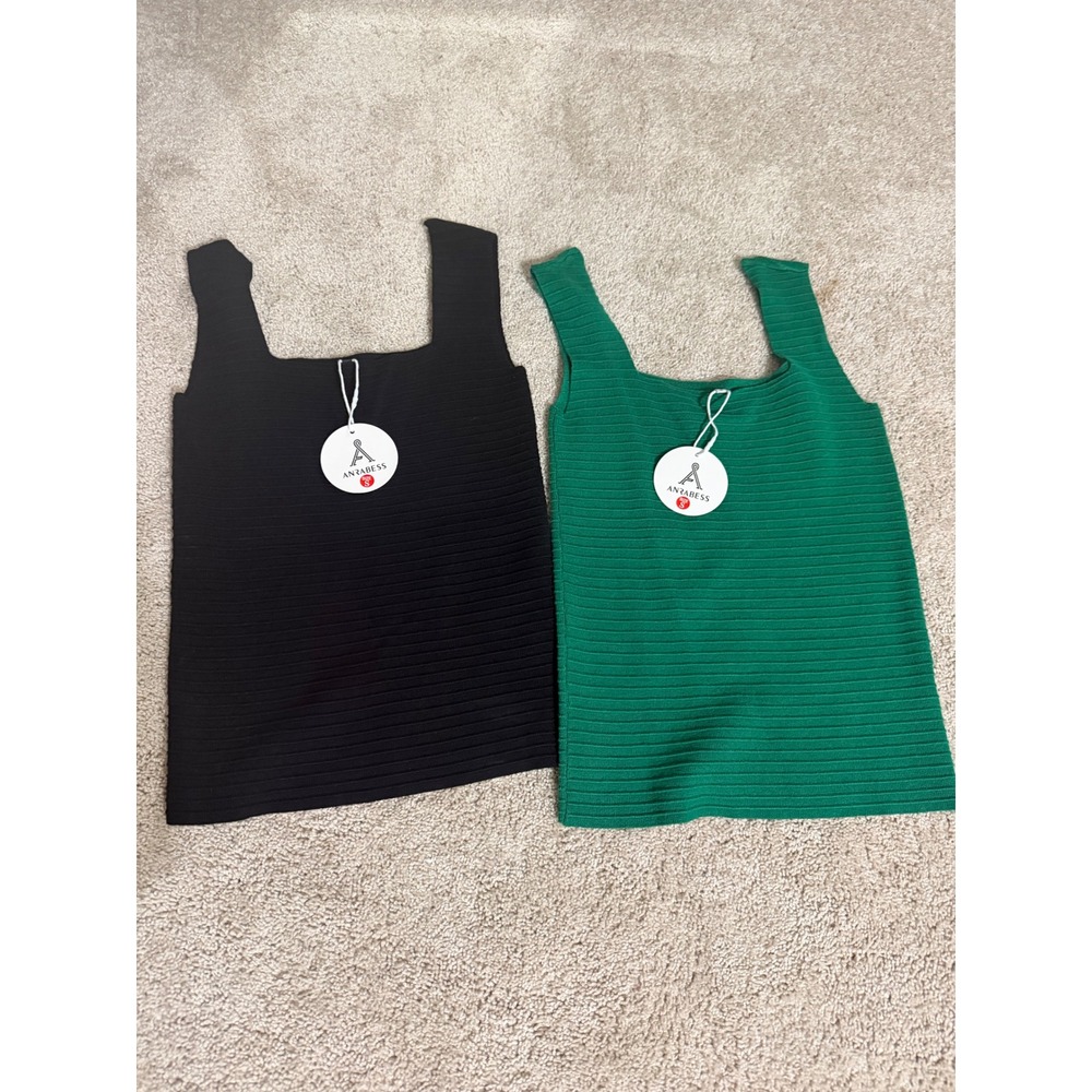 ANRABESS 2 Pack Ribbed Knit Square Neck Tank Tops Black Green Viscose S TL00106